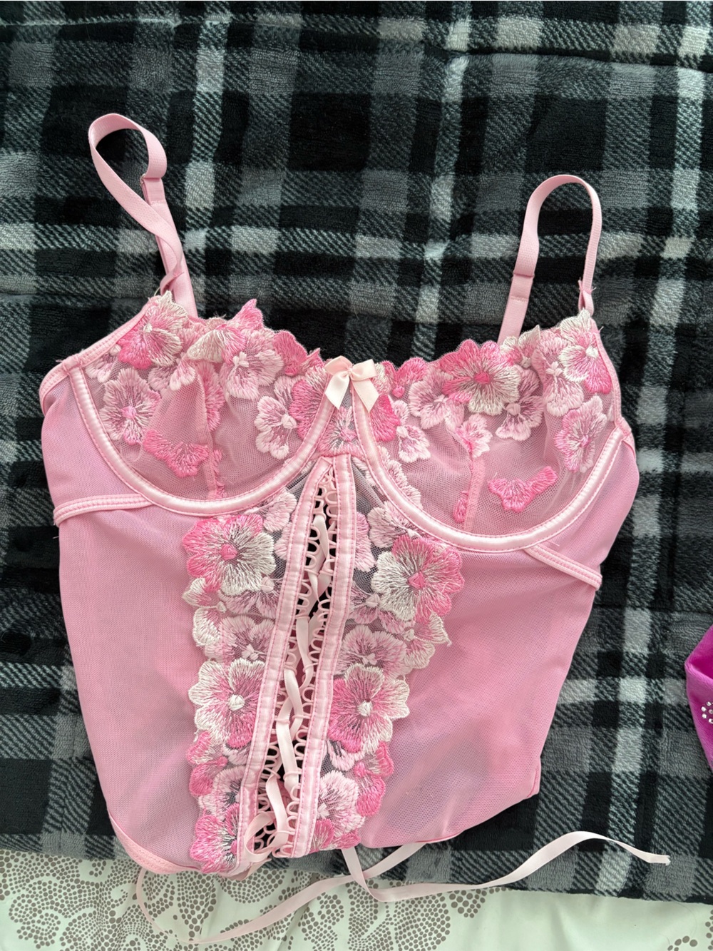 Pink Floral Lace Bustier with Sheer Embroidery
